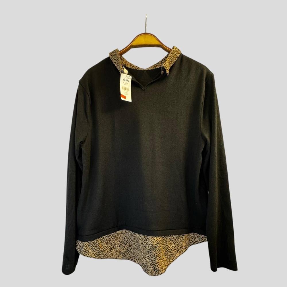Suzy Shier Women’s Top Black Leopard Collar Hem Size XXL